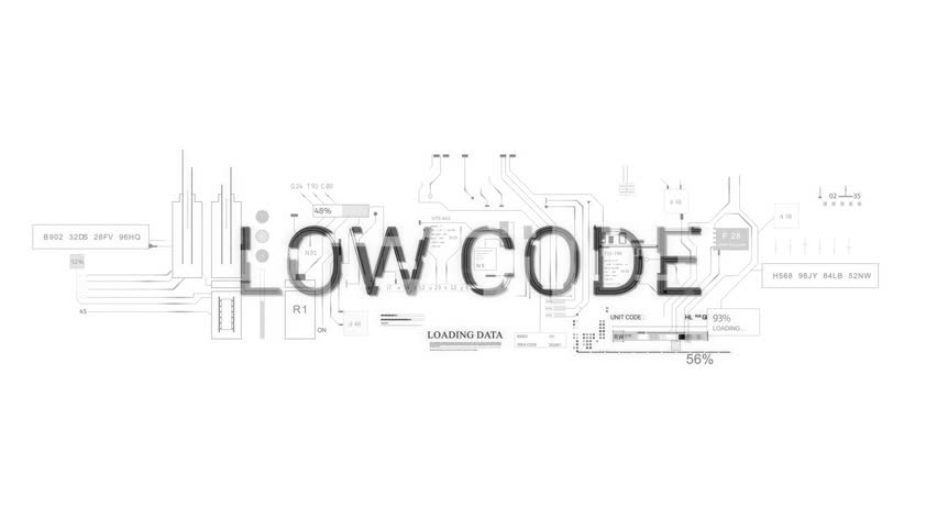 Low Code programming HUD Idea word text title appear style of computer scifi Data Information internet 2D graphic animation. Whitw background