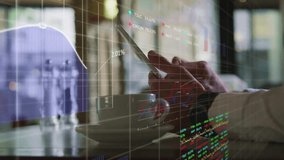 Animation of data processing over caucasian man using tablet. Global finance, business, connections, computing and data processing concept digitally generated video. - Powered by Shutterstock - Get 15% off with code: PIKWIZARD15