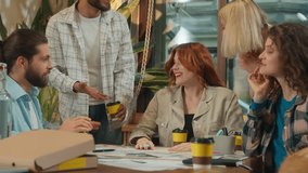 Happy company friends group men women girls guys students buddies freelance coworkers office team male female drink coffee break pet friendly coworking joyful funny celebrate teamwork high five unity - Powered by Shutterstock - Get 15% off with code: PIKWIZARD15