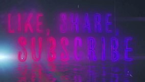 Animation of neon like share subscribe text over glowing spots. Global social media, digital interface, communication, computing and data processing concept digitally generated video. - Powered by Shutterstock - Get 15% off with code: PIKWIZARD15