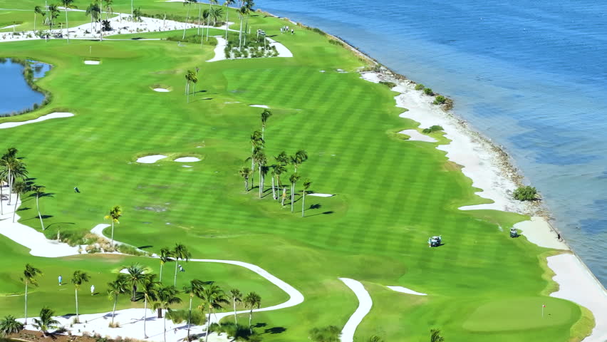 Aerial view of large golf course with green grass in Boca Grande in southwest Florida. Place for outdoor activities
