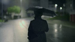 Silhouette of a person with an umbrella on a rainy night street, conveying solitude and mystery - Powered by Shutterstock - Get 15% off with code: PIKWIZARD15