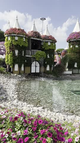 Small houses and small waterfalls in Miracle Garden in Dubai