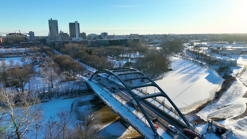 Aerial of Fort Wayne Winter Cityscape with MLK Bridge and Promenade Park