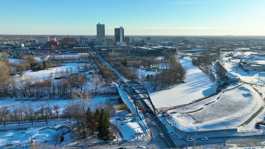 Aerial Fly Over Fort Wayne Winter Martin Luther King Bridge Promenade Park