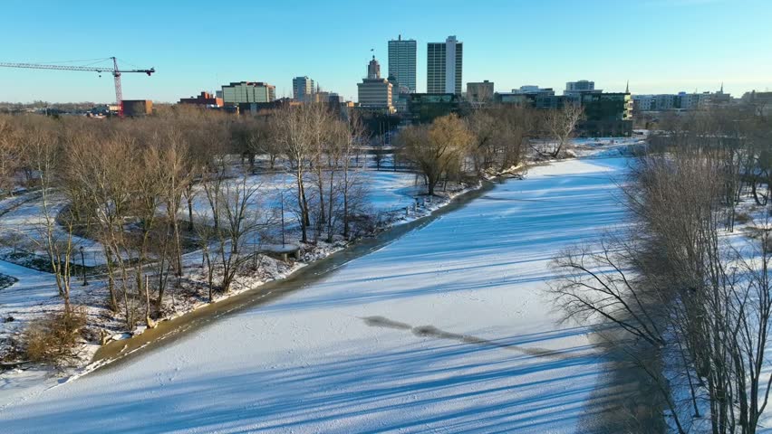 Aerial Pedestal Shot of Fort Wayne Winter Skyline and Promenade Park