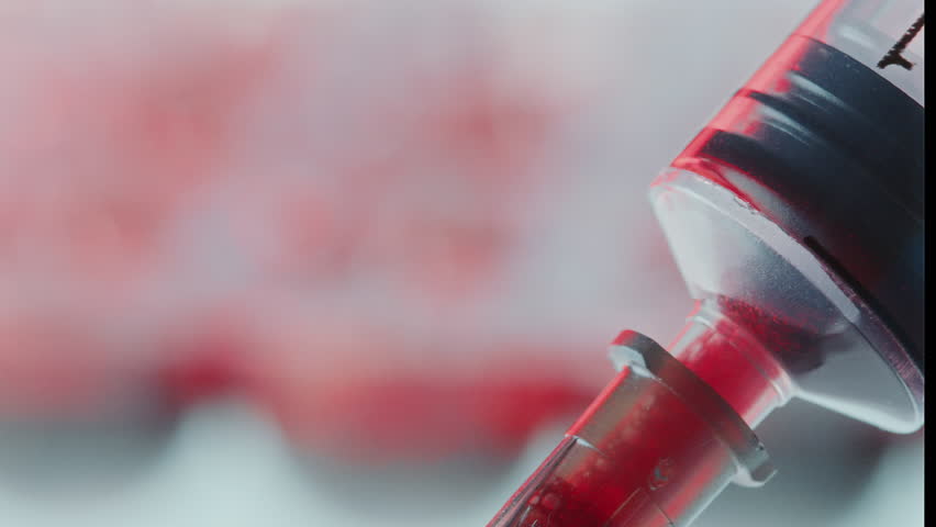 Macro shot of syringe held by gloved hand collecting venous blood sample in laboratory for conducting medical test