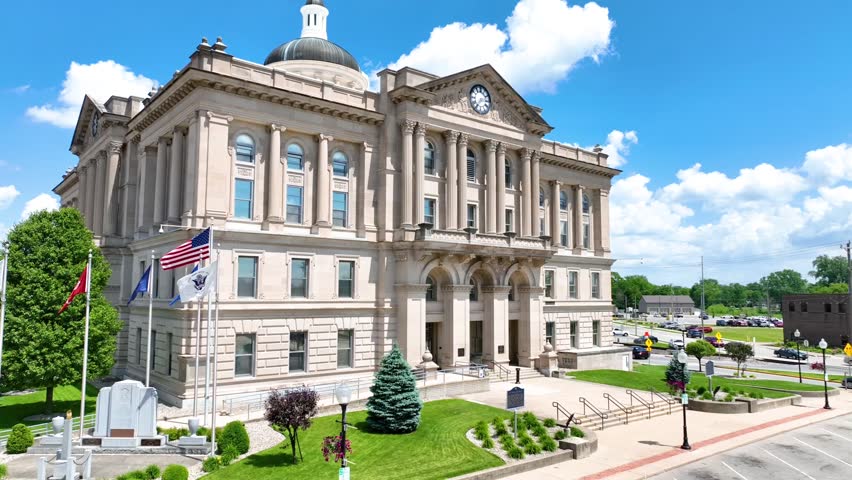 Aerial Fly Through of Huntington County Courthouse Indiana Daytime
