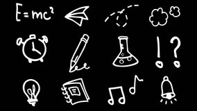 Animated Set of School Doodle Icons: Formula, Paper Plane, Dashed Line, Clouds, Clock, Pencil, Test Tube, Punctuation Marks, Bulb, Book, Notes, Bell. Loop 4K Video Transparent Background Alpha Channel - Powered by Shutterstock - Get 15% off with code: PIKWIZARD15