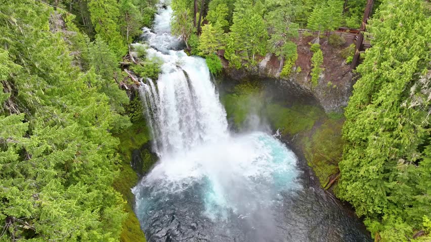 Aerial Pedestal Shot of Koosah Falls and McKenzie River in Oregon Forest