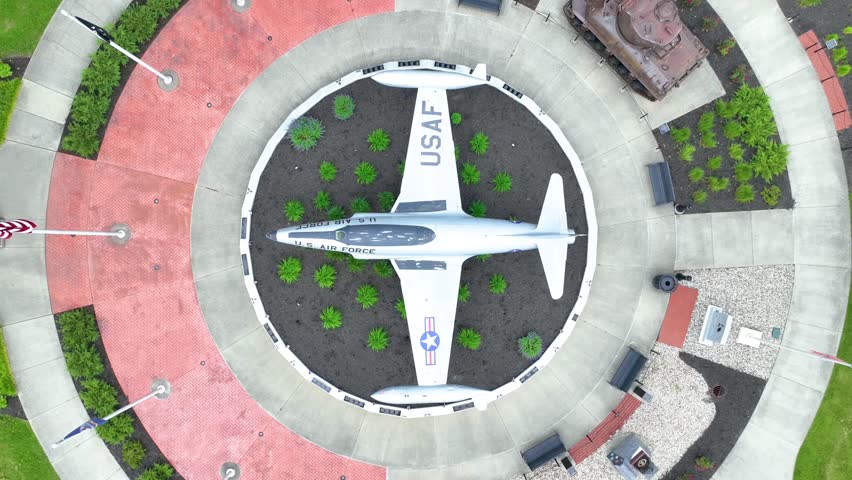 Aerial Top Down View of USAF Jet and Tank Memorial at Huntington Memorial Park