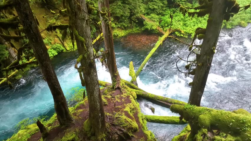 Aerial Pan Over McKenzie River and Koosah Falls in Oregon