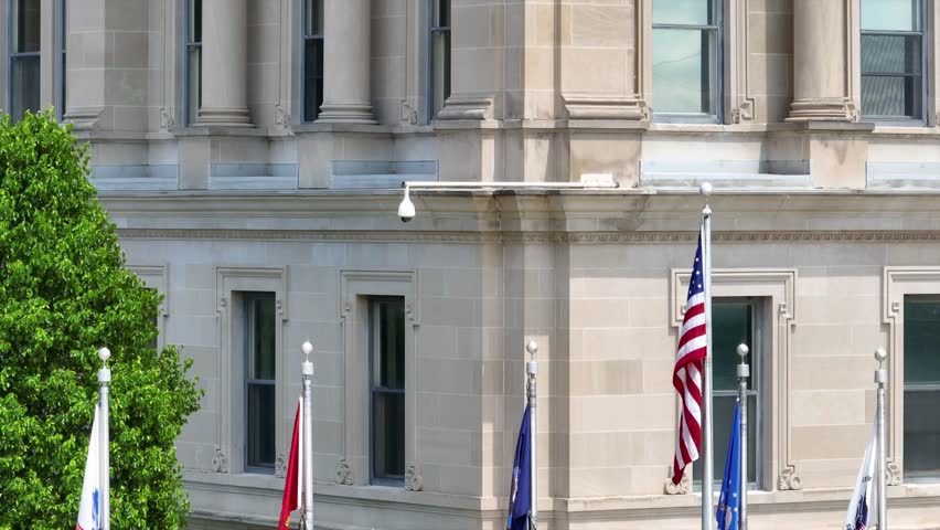 Aerial Fly Over Huntington County Courthouse Indiana