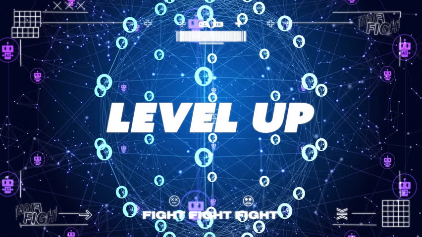 Animation of digital data processing over level up text over connections with chat bot icons. Global video game, connections, computing and data processing concept digitally generated video. - Powered by Shutterstock - Get 15% off with code: PIKWIZARD15