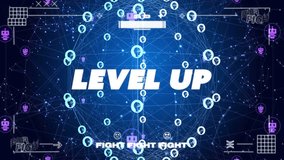 Animation of digital data processing over level up text over connections with chat bot icons. Global video game, connections, computing and data processing concept digitally generated video. - Powered by Shutterstock - Get 15% off with code: PIKWIZARD15