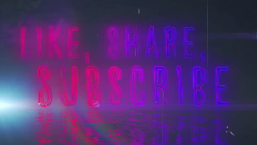 Animation of neon like share subscribe text over glowing spots. Global social media, digital interface, communication, computing and data processing concept digitally generated video.