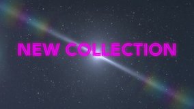 Animation of neon new collection text over glowing spots. Global social media, digital interface, communication, computing and data processing concept digitally generated video. - Powered by Shutterstock - Get 15% off with code: PIKWIZARD15