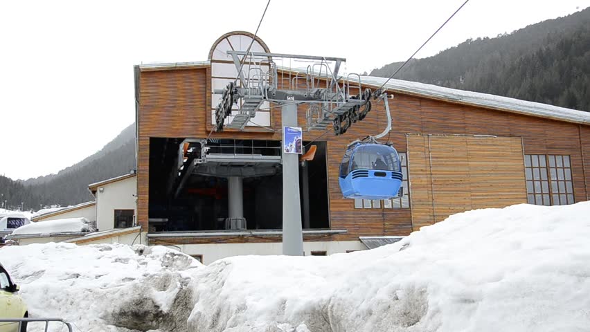 ski lift cabin Bansko ski center, blue elevator arrival point- Bulgaria