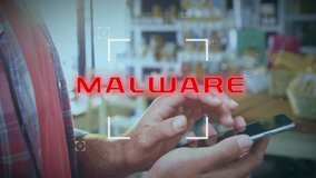 Animation of malware text over caucasian man using smartphone. Business, technology and digital interface concept digitally generated video. - Powered by Shutterstock - Get 15% off with code: PIKWIZARD15