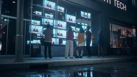 News Anchor Reporting a Breaking Story Live on Broadcast TV. Crowd of Diverse People Gathered in Front of an Electronics Store to Watch Special Coverage While Standing on a Street at Night - Powered by Shutterstock - Get 15% off with code: PIKWIZARD15