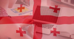 Animation of flag of georgia and digital data processing over caucasian woman using laptop. Global connections, computing and data processing concept digitally generated video. - Powered by Shutterstock - Get 15% off with code: PIKWIZARD15