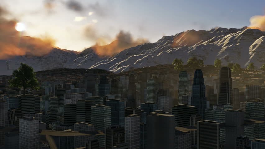 City and Mountains, time lapse sunset, helicopter view