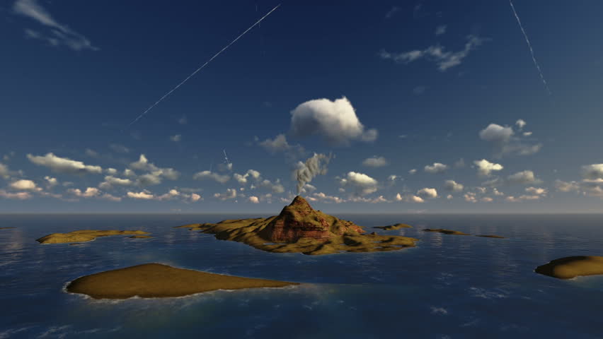 Active volcano in ocean, helicopter view, time lapse clouds