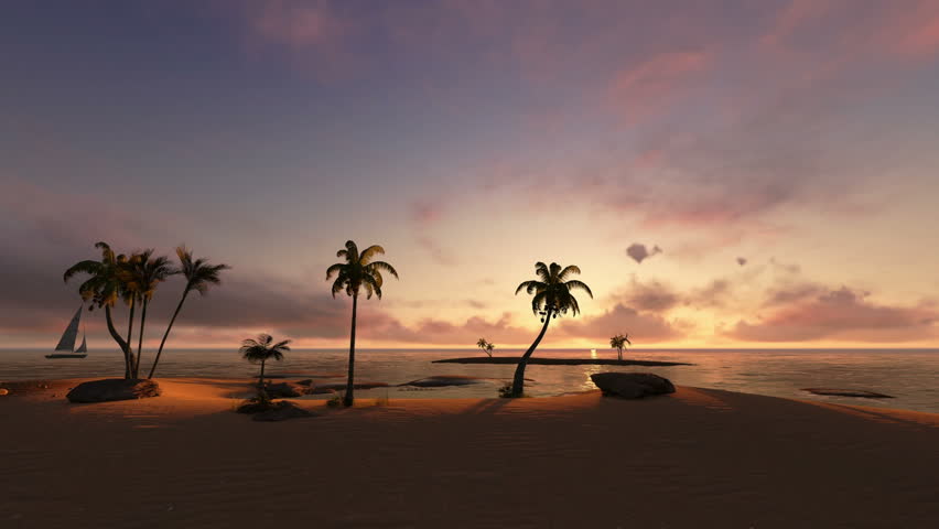 Tropical island and Yacht sailing at sunset, camera panning