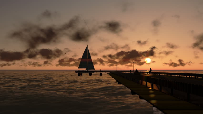 People relaxing on pier, ocean at sunset, luxury yacht sailing, panning