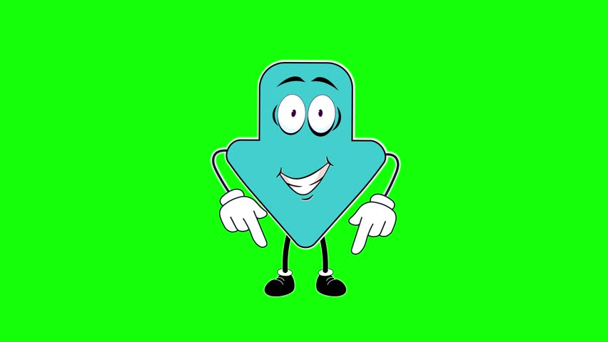 Animation of a character pointing downward with an arrow and fingers on a green background chroma key