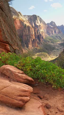 Red rocks in Zion National Park, Utah, USA. Steadicam vertical shot