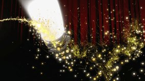 Animation of glowing shooting star flying over spotlight and red curtain background. Colour, shape, light and movement concept digitally generated video. - Powered by Shutterstock - Get 15% off with code: PIKWIZARD15
