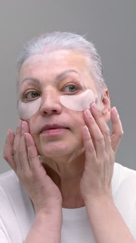 Old woman puts under eye patches on her face. Senior female glue sticky hydrogel patches to moisturize the skin and swelling. Cosmetic concept, with collagen. Patches for dark circles sensitive skin
