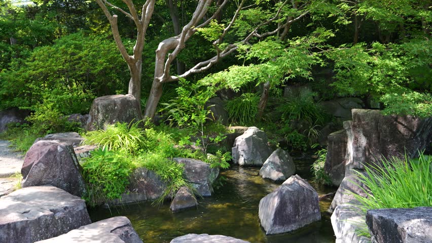 Beautiful brook running in Japanese landscape garden