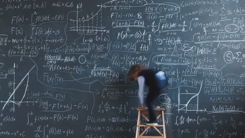 Time lapse of genius kid writing formulas on chalkboard working at academic research studying in classroom in school. Education and childhood concept.