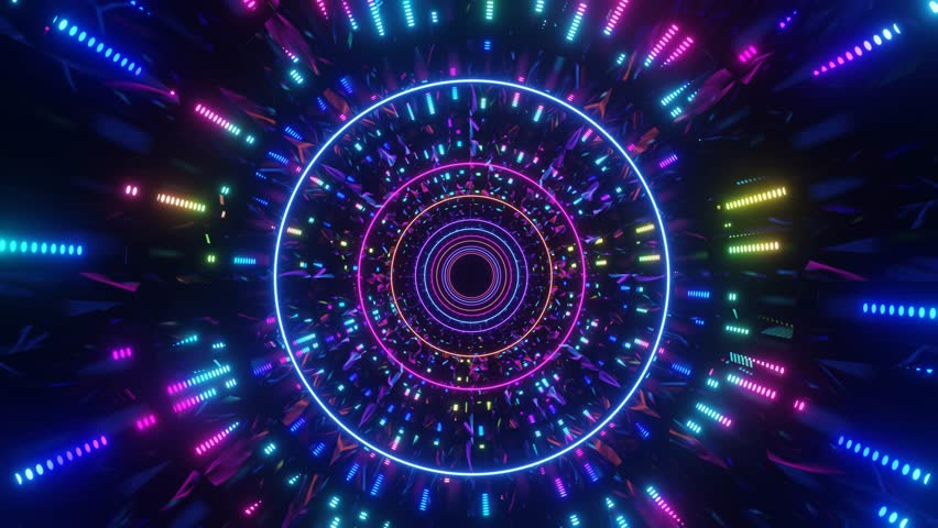 A colorful tunnel of vibrant lights with dynamic geometric shapes. The hypnotic dance of the colorful light and the dynamic arrangement of the shapes.