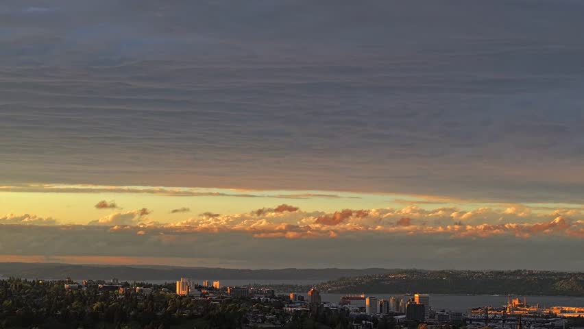 Clouds Floating Sunset Sky Over Tacoma Cityscape In Washington State, United States. Timelapse