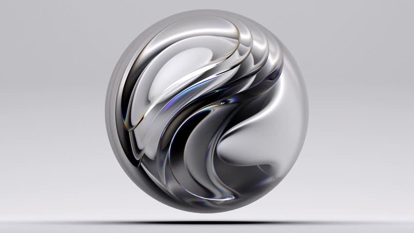 3d render of abstract art video with surreal 3d organic ball in curve wavy smooth and soft bio forms in matte aluminium metal material with glass parts, with dispersion effect on grey background