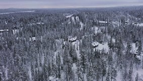 Aerial view approaching snowy cabins in the woods of Lapland, winter day - Powered by Shutterstock - Get 15% off with code: PIKWIZARD15