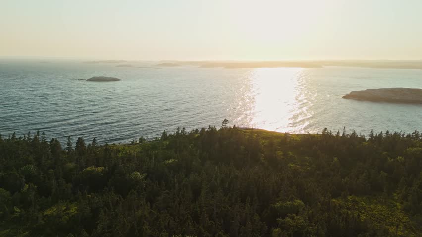 Cinematic drone footage of a sunset over the ocean with forested cliffs in Nova Scotia, Canada. The warm hues highlight the rugged shore and dense forest. 