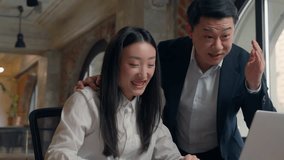 Asian woman Korean girl office intern businesswoman paperwork laptop documents research success good work growth result Chinese man Japanese business male boss leader support happy talking satisfied - Powered by Shutterstock - Get 15% off with code: PIKWIZARD15