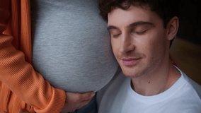 Artificial insemination medicine insurance health happy smiling man guy male father hugging stroking touch pregnant belly listening unborn child inside baby woman girl female mother family pregnancy - Powered by Shutterstock - Get 15% off with code: PIKWIZARD15
