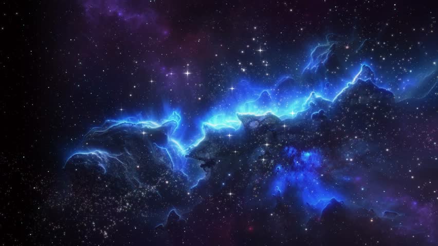 Slowly orbiting a cluster of stars in space in front of a bright nebula.