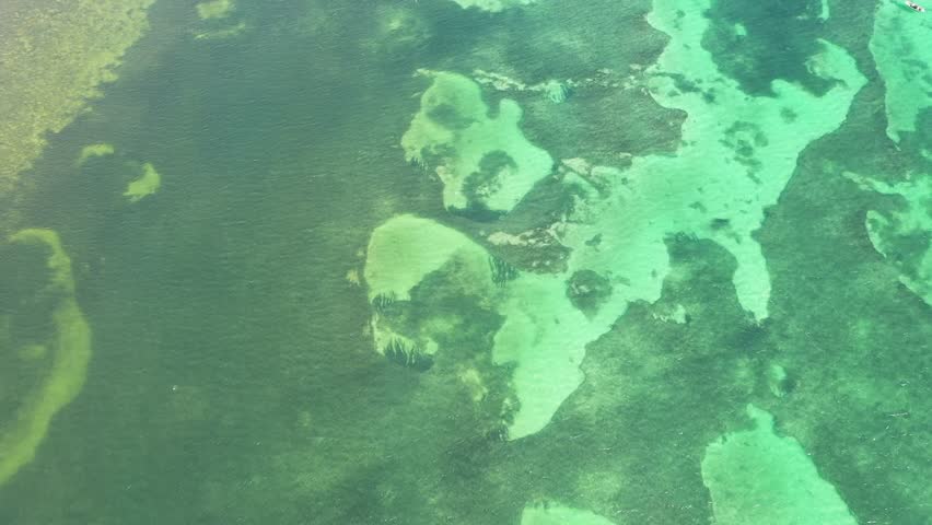 A stunning aerial view of the clear, turquoise waters of the Florida Keys, showcasing the underwater landscape.