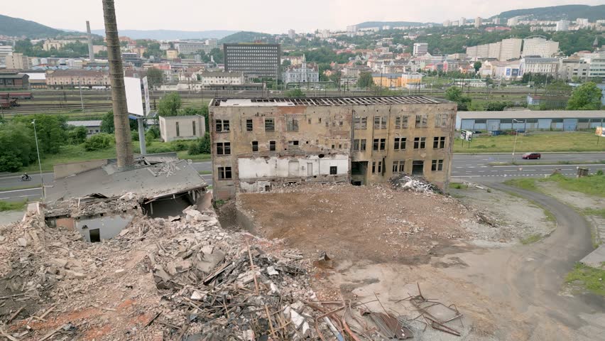Post-apocalyptic ruin ruined house building habitat, aerial opening view