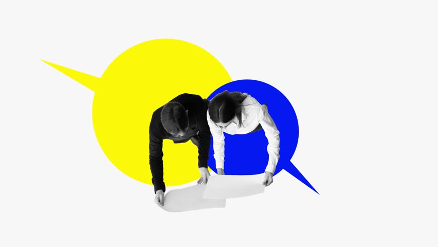 Two people, man and woman working on same project, communicating and developing strategies. Stop motion, animation. Concept of business, teamwork, office life, motivation, success. Design