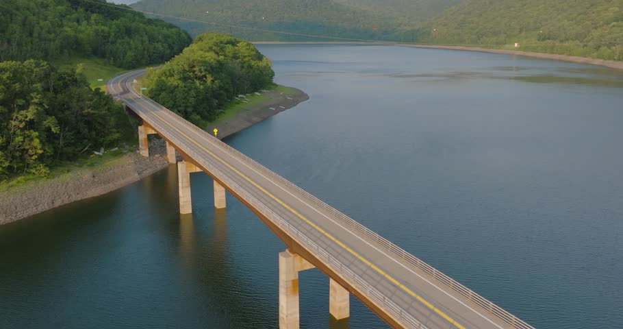 Summer aerial video of the Route 10 bridge over the Cannonsville Reservoir, Delaware County, NY, NYC DEP water supply	