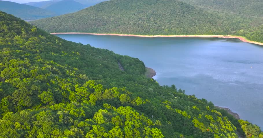 Summer aerial video of the Route 10 bridge over the Cannonsville Reservoir, Delaware County, NY, NYC DEP water supply	