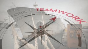 Animation of compass with teamwork text over shipyard. Global finance, business, connections, computing and data processing concept digitally generated video. - Powered by Shutterstock - Get 15% off with code: PIKWIZARD15