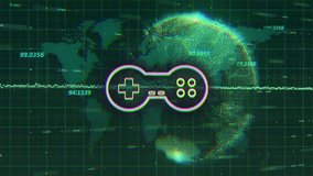 Animation of data processing over gamepad and globe. Business, technology and digital interface concept digitally generated video. - Powered by Shutterstock - Get 15% off with code: PIKWIZARD15